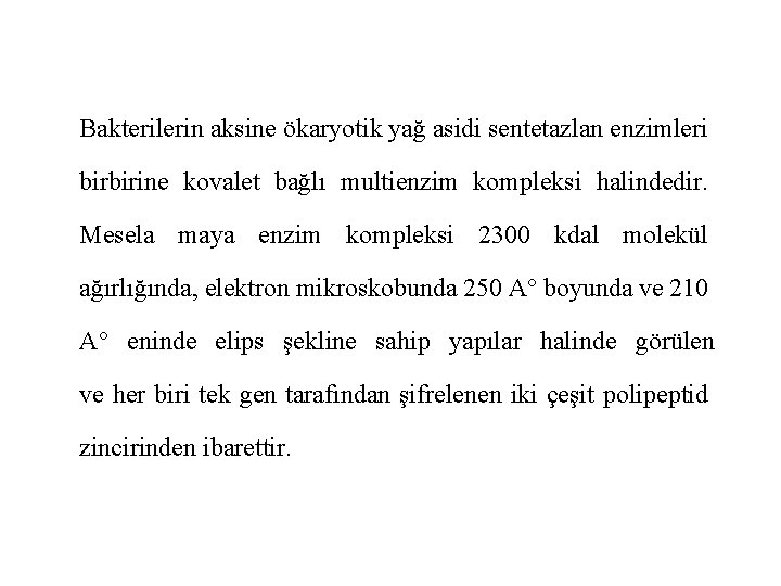 Bakterilerin aksine ökaryotik yağ asidi sentetazlan enzimleri birbirine kovalet bağlı multienzim kompleksi halindedir. Mesela