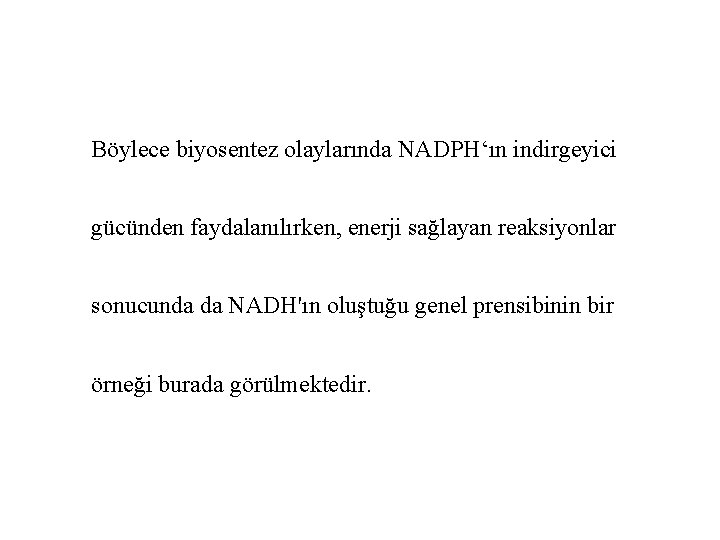 Böylece biyosentez olaylarında NADPH‘ın indirgeyici gücünden faydalanılırken, enerji sağlayan reaksiyonlar sonucunda da NADH'ın oluştuğu