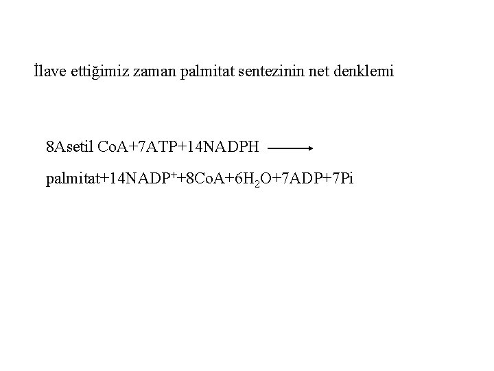 İlave ettiğimiz zaman palmitat sentezinin net denklemi 8 Asetil Co. A+7 ATP+14 NADPH palmitat+14