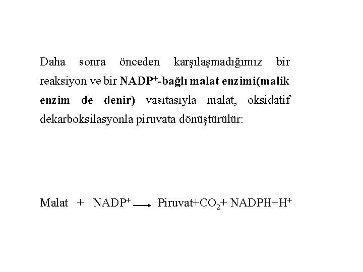 Daha sonra önceden karşılaşmadığımız bir reaksiyon ve bir NADP+-bağlı malat enzimi(malik enzim de denir)