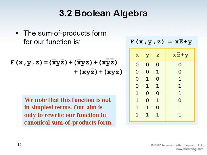 3. 2 Boolean Algebra • The sum-of-products form for our function is: We note