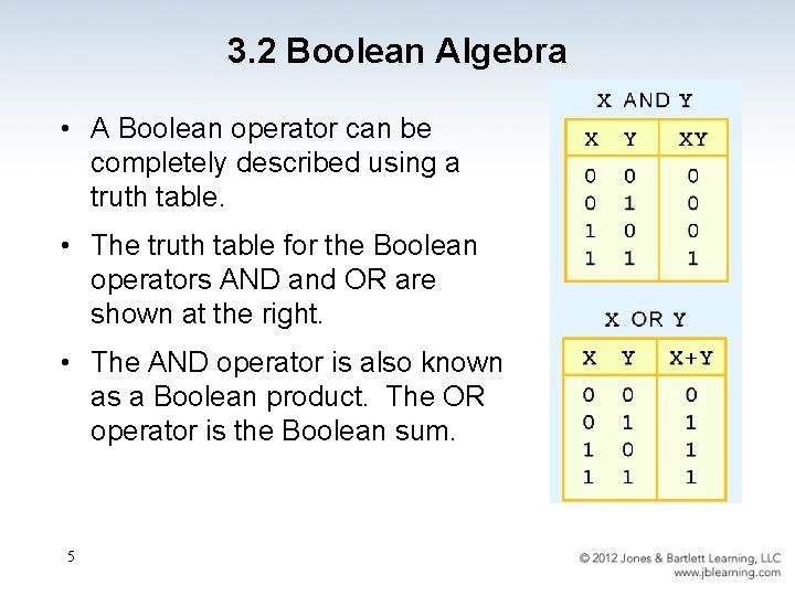 3. 2 Boolean Algebra • A Boolean operator can be completely described using a