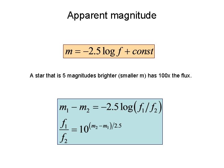 Apparent magnitude A star that is 5 magnitudes brighter (smaller m) has 100 x