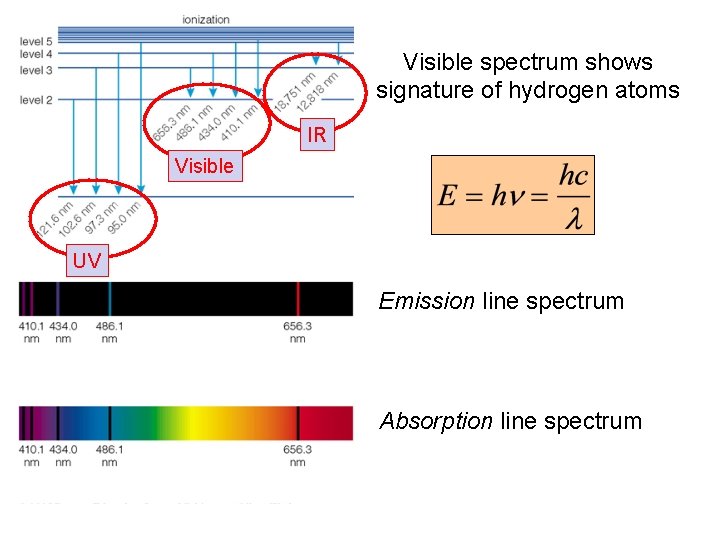 Visible spectrum shows signature of hydrogen atoms IR Visible UV Emission line spectrum Absorption