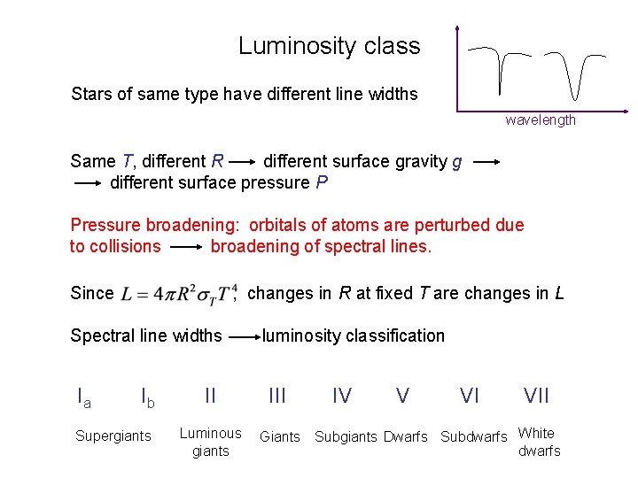 Luminosity class Stars of same type have different line widths wavelength Same T, different