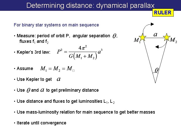 Determining distance: dynamical parallax RULER For binary star systems on main sequence • Measure:
