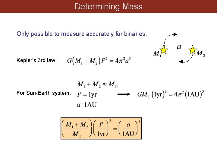 Determining Mass Only possible to measure accurately for binaries. Kepler’s 3 rd law: For