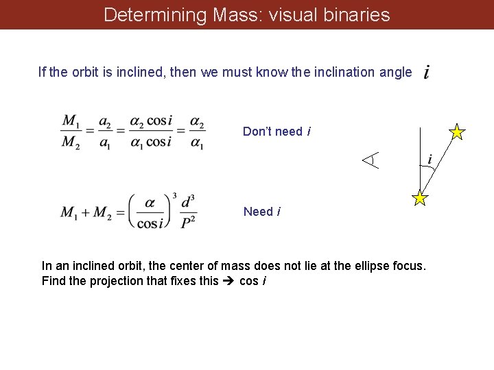 Determining Mass: visual binaries If the orbit is inclined, then we must know the