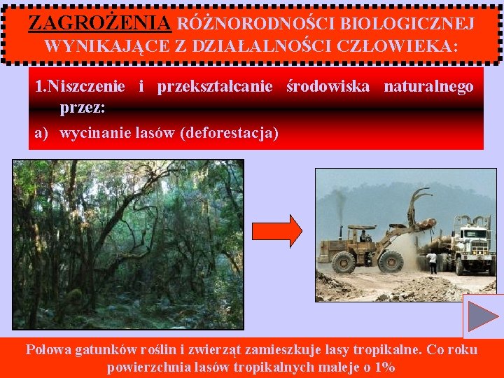 ZAGROŻENIA RÓŻNORODNOŚCI BIOLOGICZNEJ WYNIKAJĄCE Z DZIAŁALNOŚCI CZŁOWIEKA: 1. Niszczenie i przekształcanie środowiska naturalnego przez: