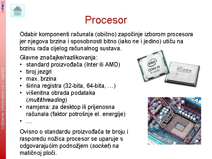 Procesor Udžbenik informatike za 8. 1. razred Odabir komponenti računala (obično) započinje izborom procesora