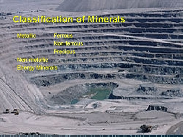 Classification of Minerals Metallic Ferrous Non-ferrous Precious Non-metallic Energy Minerals 