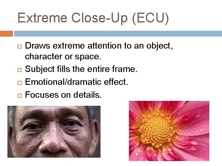Extreme Close-Up (ECU) Draws extreme attention to an object, character or space. Subject fills