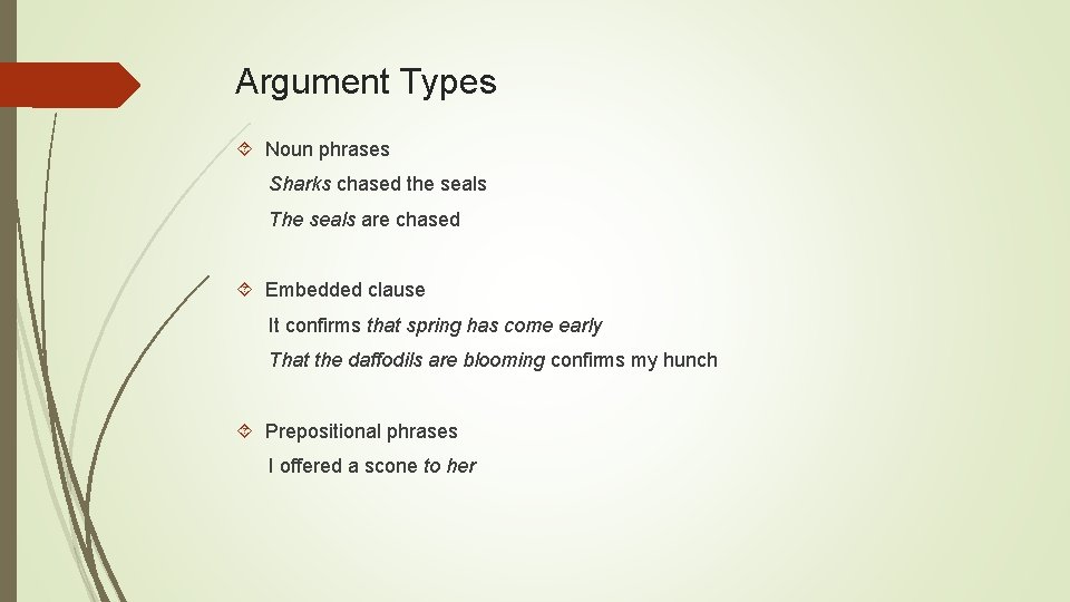 Argument Types Noun phrases Sharks chased the seals The seals are chased Embedded clause