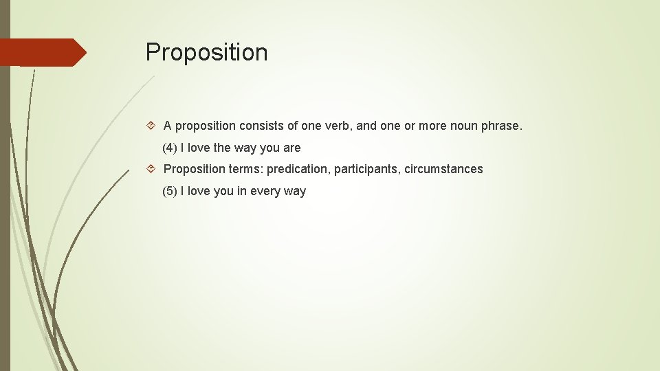 Proposition A proposition consists of one verb, and one or more noun phrase. (4)