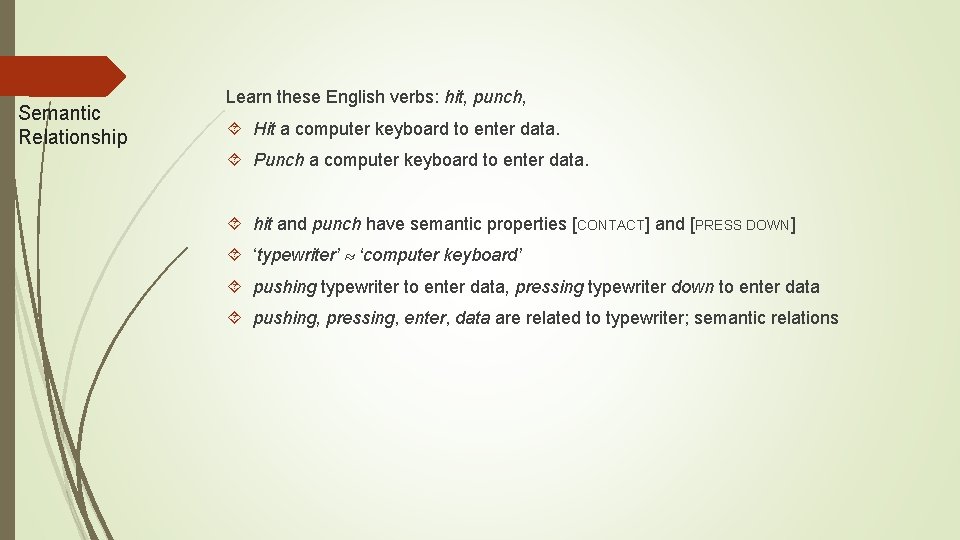 Semantic Relationship Learn these English verbs: hit, punch, Hit a computer keyboard to enter