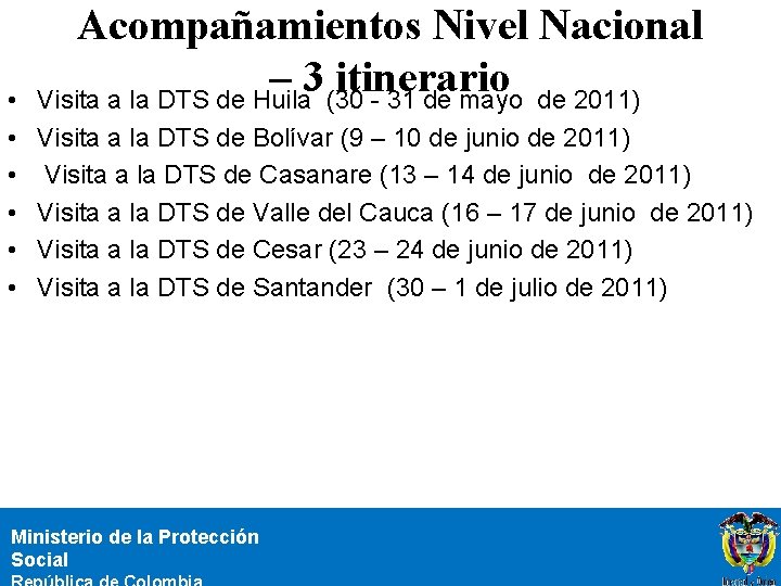  • • • Acompañamientos Nivel Nacional – 3 itinerario Visita a la DTS