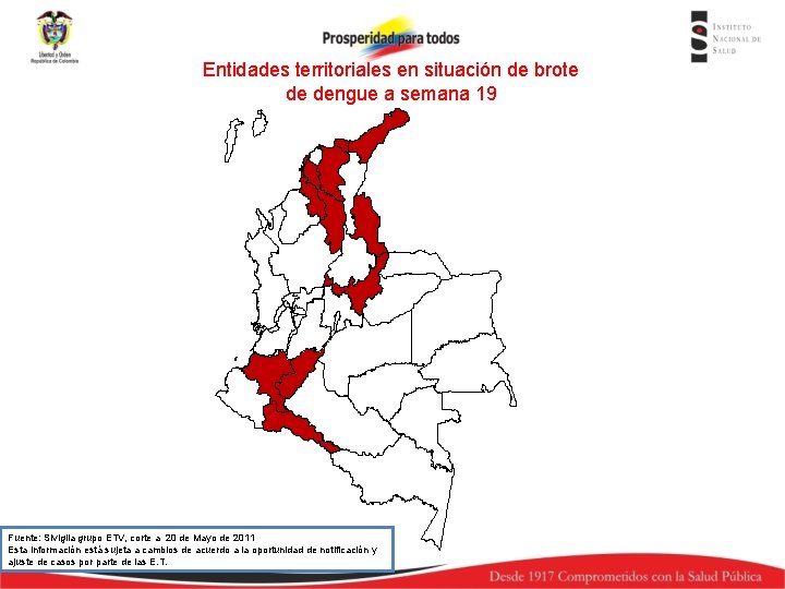 Entidades territoriales en situación de brote de dengue a semana 19 Fuente: Sivigila grupo