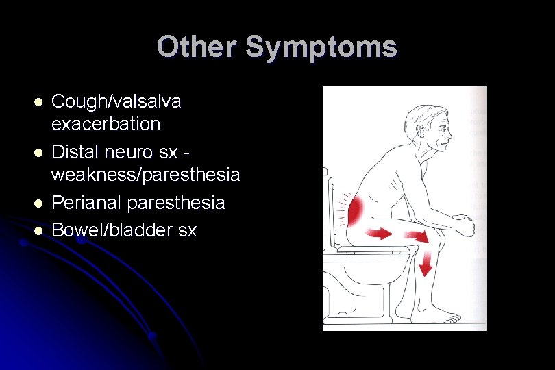 Other Symptoms l l Cough/valsalva exacerbation Distal neuro sx weakness/paresthesia Perianal paresthesia Bowel/bladder sx