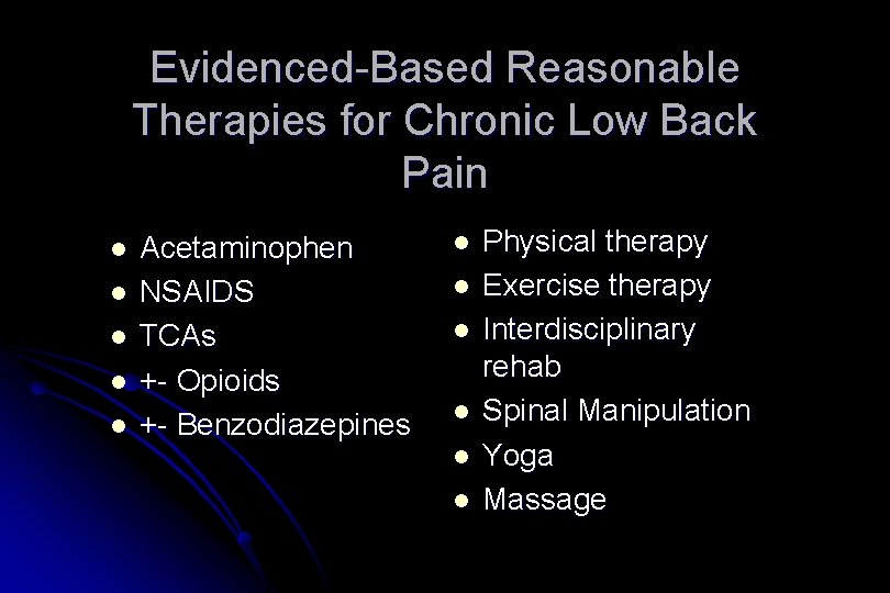Evidenced-Based Reasonable Therapies for Chronic Low Back Pain l l l Acetaminophen NSAIDS TCAs
