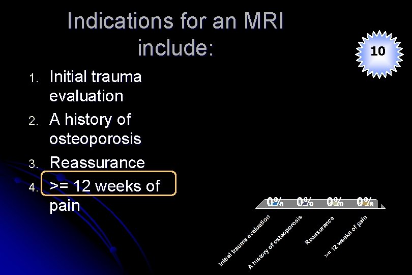 Indications for an MRI include: 1. 2. 3. 4. Initial trauma evaluation A history