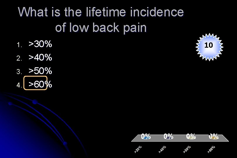 What is the lifetime incidence of low back pain 1. 2. 3. 4. >30%