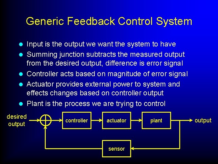 Generic Feedback Control System l l l desired output Input is the output we