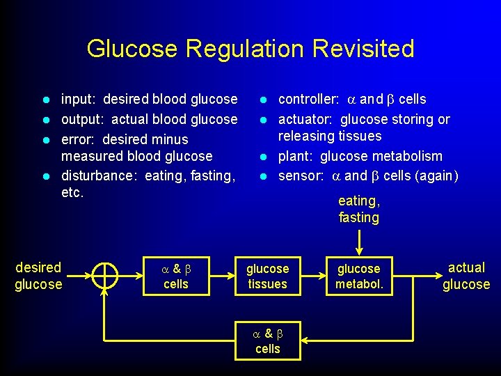 Glucose Regulation Revisited input: desired blood glucose l output: actual blood glucose l error: