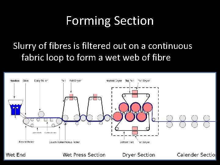 Forming Section Slurry of fibres is filtered out on a continuous fabric loop to