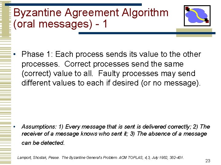 Byzantine Agreement Algorithm (oral messages) - 1 • Phase 1: Each process sends its