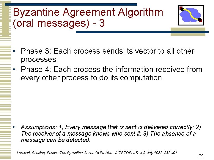 Byzantine Agreement Algorithm (oral messages) - 3 • Phase 3: Each process sends its