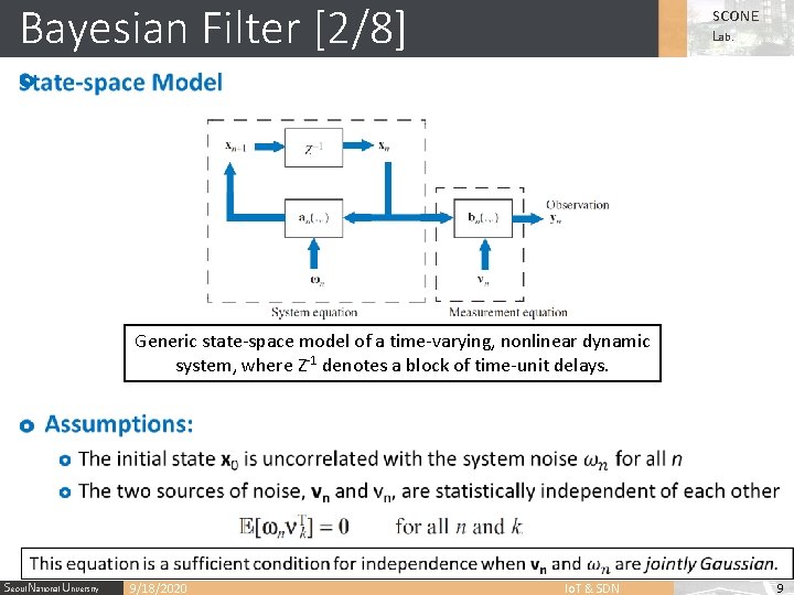 Bayesian Filter [2/8] SCONE Lab. o Generic state-space model of a time-varying, nonlinear dynamic