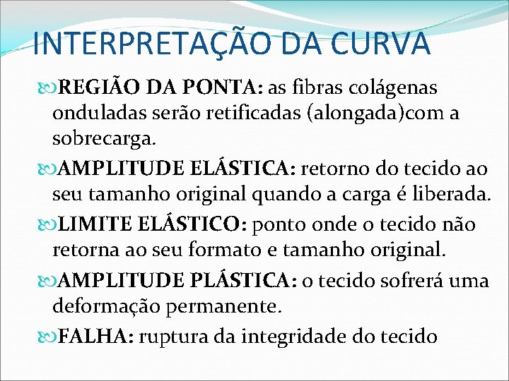 INTERPRETAÇÃO DA CURVA REGIÃO DA PONTA: as fibras colágenas onduladas serão retificadas (alongada)com a