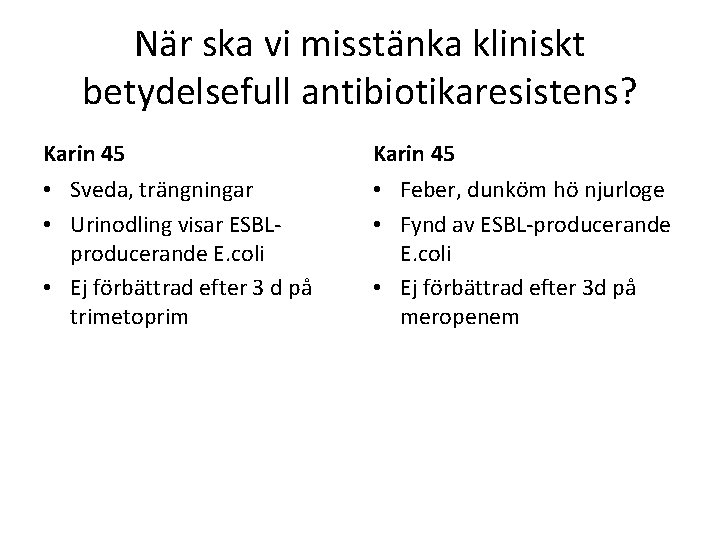 När ska vi misstänka kliniskt betydelsefull antibiotikaresistens? Karin 45 • Sveda, trängningar • Urinodling