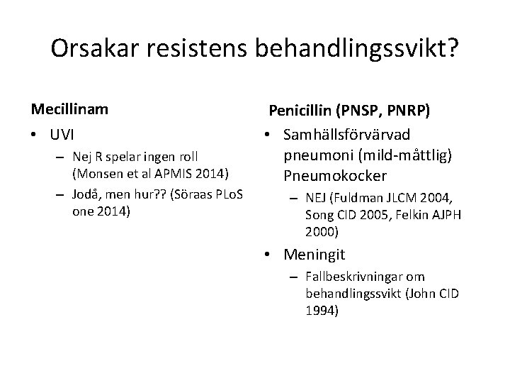 Orsakar resistens behandlingssvikt? Mecillinam • UVI – Nej R spelar ingen roll (Monsen et