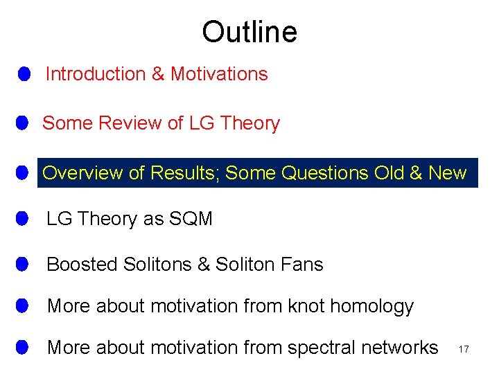Outline Introduction & Motivations Some Review of LG Theory Overview of Results; Some Questions