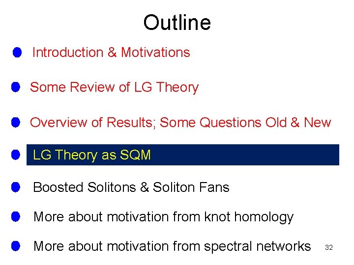 Outline Introduction & Motivations Some Review of LG Theory Overview of Results; Some Questions