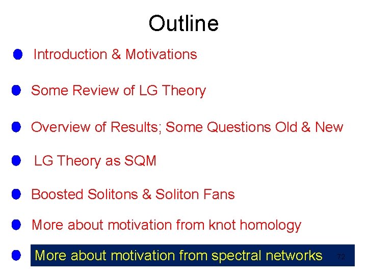 Outline Introduction & Motivations Some Review of LG Theory Overview of Results; Some Questions