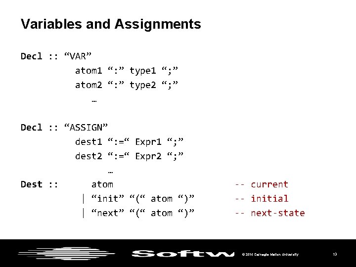 Variables and Assignments Decl : : “VAR” atom 1 “: ” type 1 “;