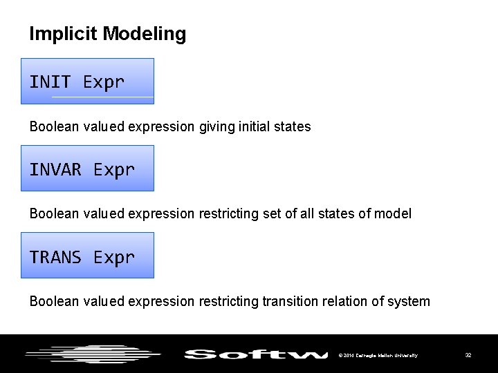 Implicit Modeling INIT Expr Boolean valued expression giving initial states INVAR Expr Boolean valued