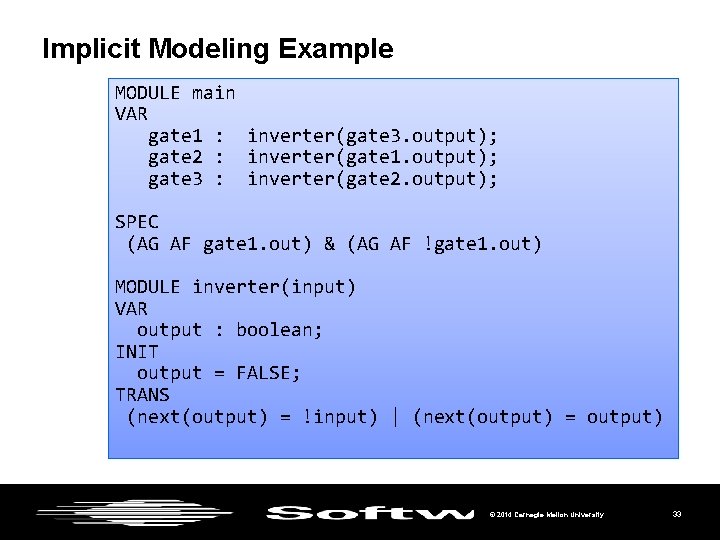 Implicit Modeling Example MODULE main VAR gate 1 : inverter(gate 3. output); gate 2