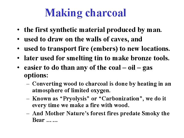 Making charcoal • • • the first synthetic material produced by man. used to