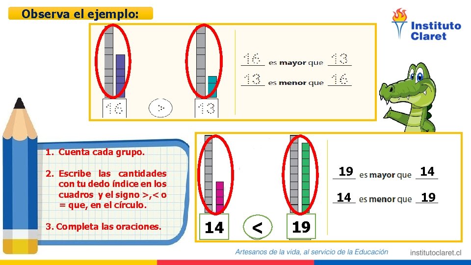 Observa el ejemplo: 1. Cuenta cada grupo. 2. Escribe las cantidades con tu dedo