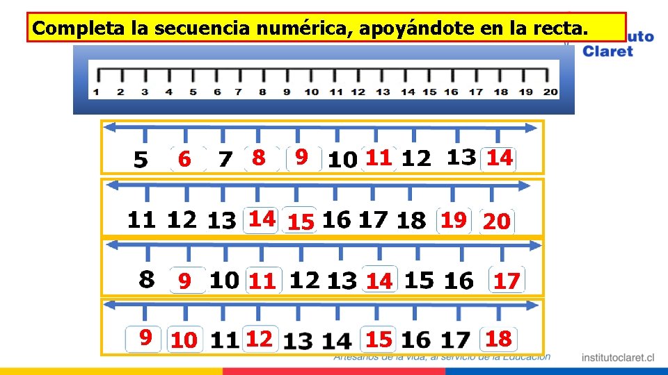 Completa la secuencia numérica, apoyándote en la recta. 6 8 9 11 14 15