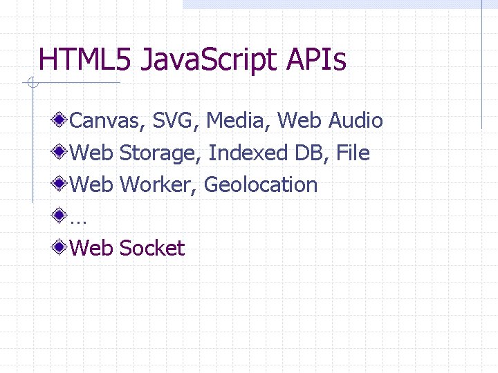 HTML 5 Java. Script APIs Canvas, SVG, Media, Web Audio Web Storage, Indexed DB,