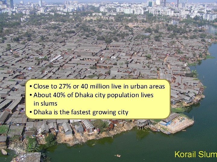  • Close to 27% or 40 million live in urban areas • About