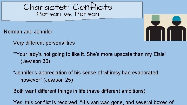 Character Conflicts Person vs. Person Norman and Jennifer Very different personalities “‘Your lady’s not