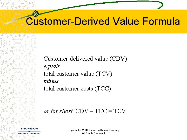 Customer-Derived Value Formula Customer-delivered value (CDV) equals total customer value (TCV) minus total customer
