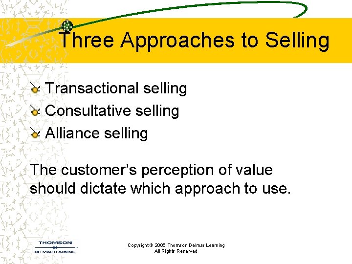 Three Approaches to Selling Transactional selling Consultative selling Alliance selling The customer’s perception of