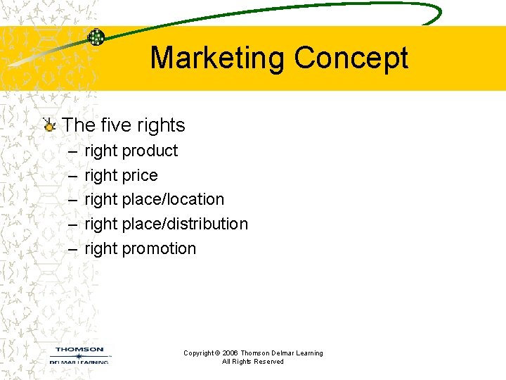 Marketing Concept The five rights – – – right product right price right place/location