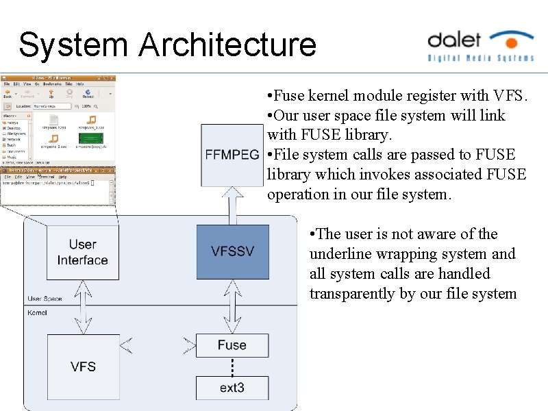 System Architecture • Fuse kernel module register with VFS. • Our user space file
